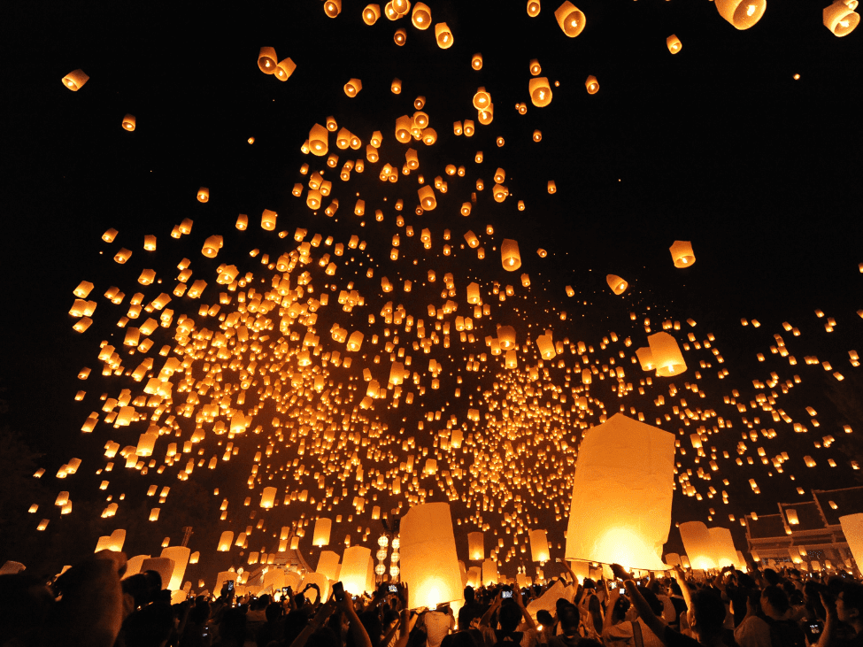 Thousands of lanterns illuminating the night sky during Chiang Mai’s Yi Peng Festival.