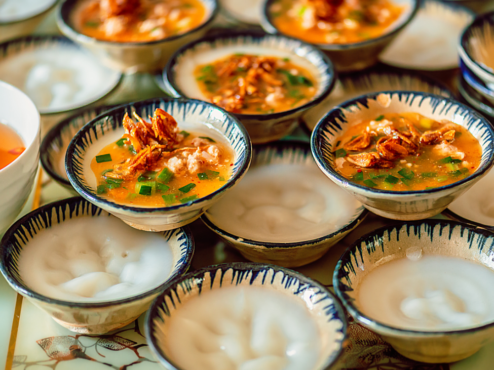 Banh Beo rice cakes with shrimp and scallions.