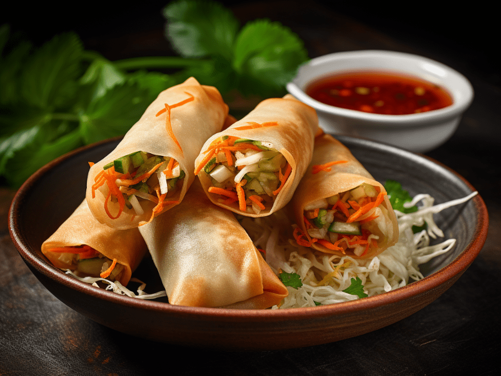 Crispy Vietnamese Cha Gio served with dipping sauce.