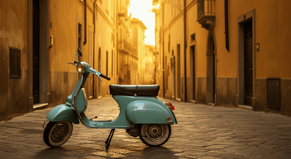 Classic Vespa parked on an Italian street with vintage architecture.