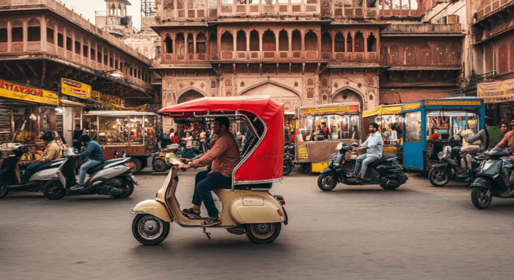 A Vespa riding through the busy streets of Delhi, India.