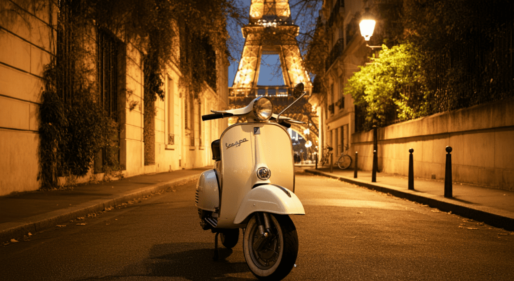 A Vespa parked by the Eiffel Tower in Paris.