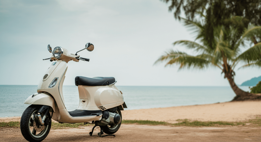 A Vespa parked by a tropical beach in Thailand.