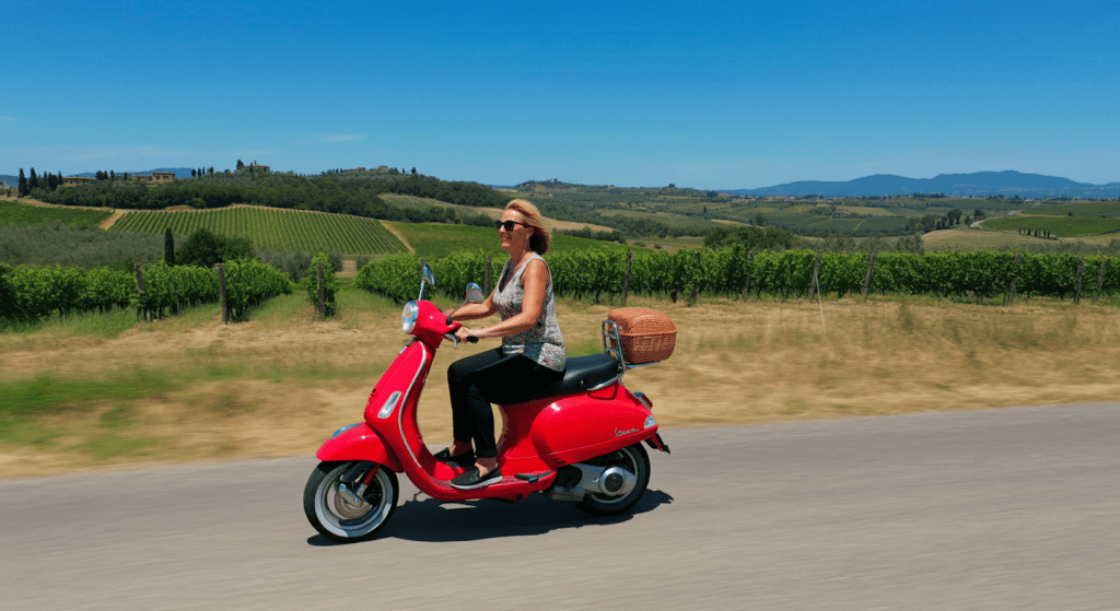 A Vespa riding through Tuscany's rolling vineyards.