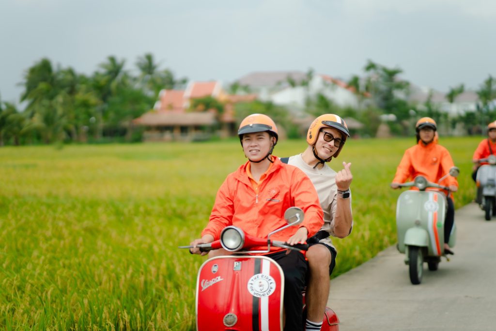 A Vespa adventure through the rice fields of rural Vietnam.