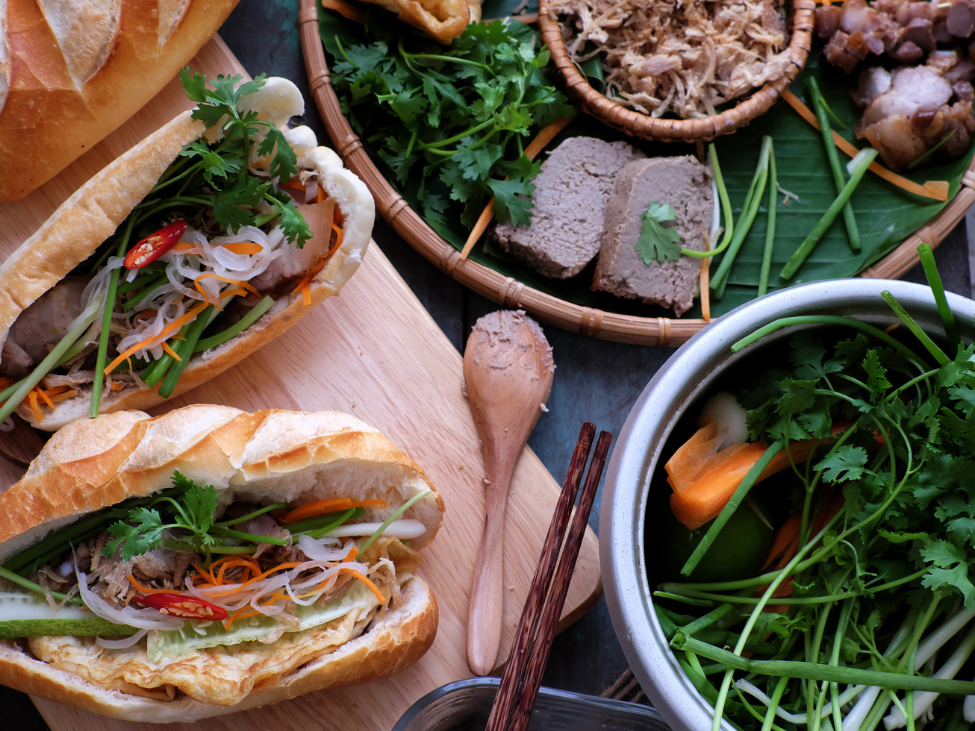 Vietnamese banh mi sandwich with various fillings.