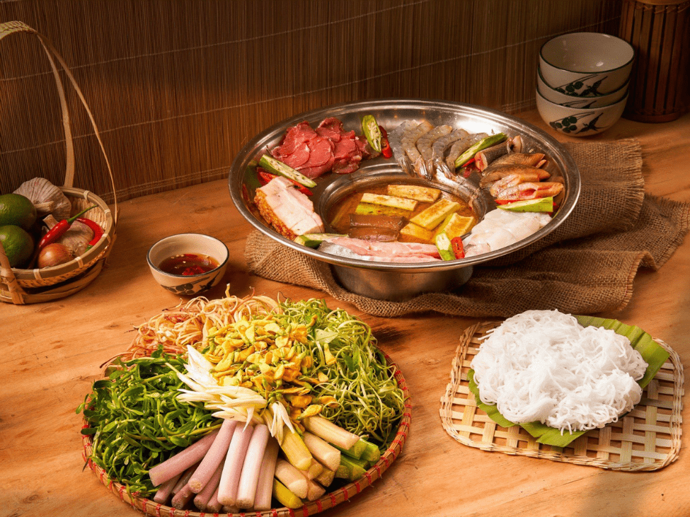 Vietnamese hot pot with seafood and vegetables.